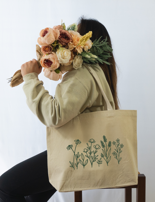 Lined Flowers Canvas Tote Bag